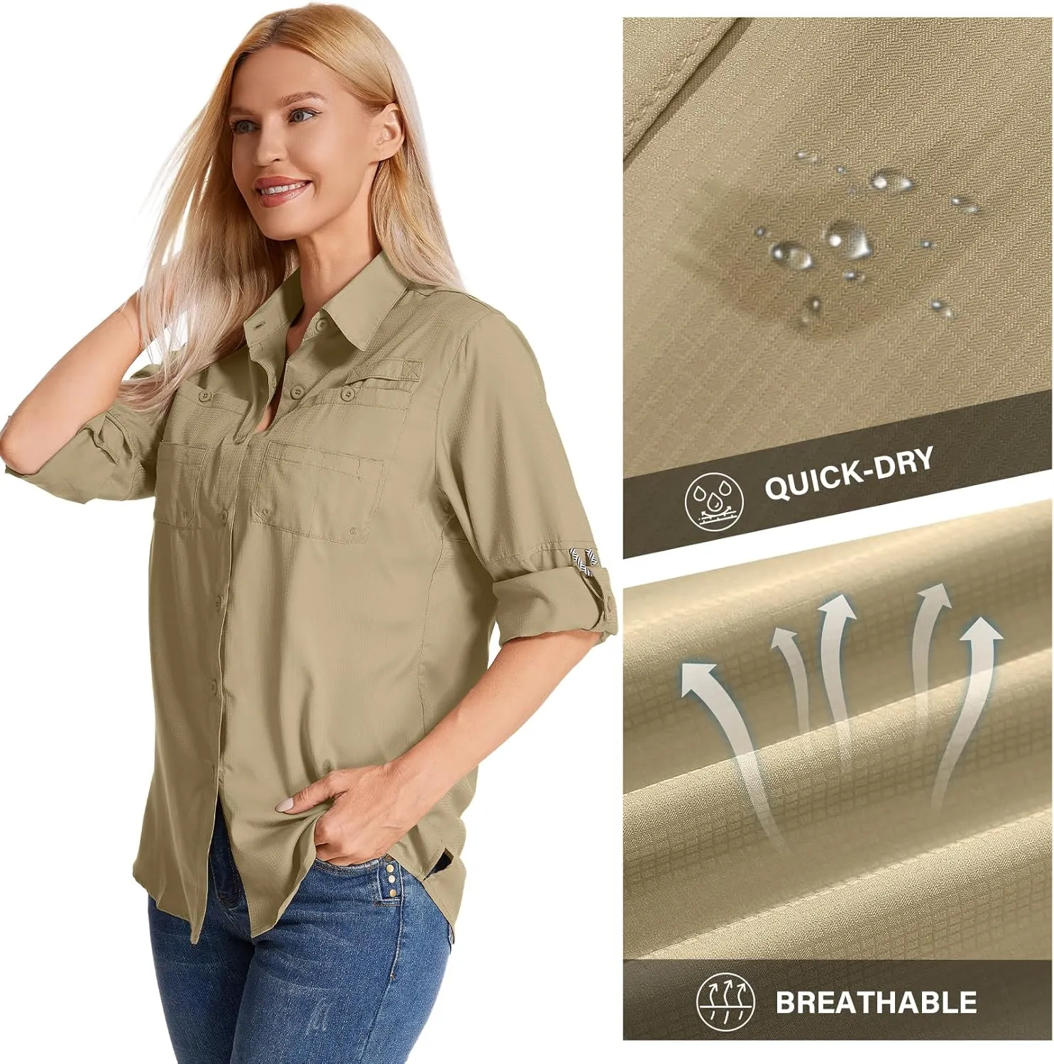 Womens Long Sleeve Sun Protection Hiking Fishing Shirts UPF 50  UV Lightweight Quick-Dry Safari Shirts Womens Outdoor