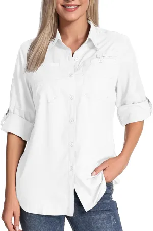 Womens Long Sleeve Sun Protection Hiking Fishing Shirts UPF 50  UV Lightweight Quick-Dry Safari Shirts Womens Outdoor