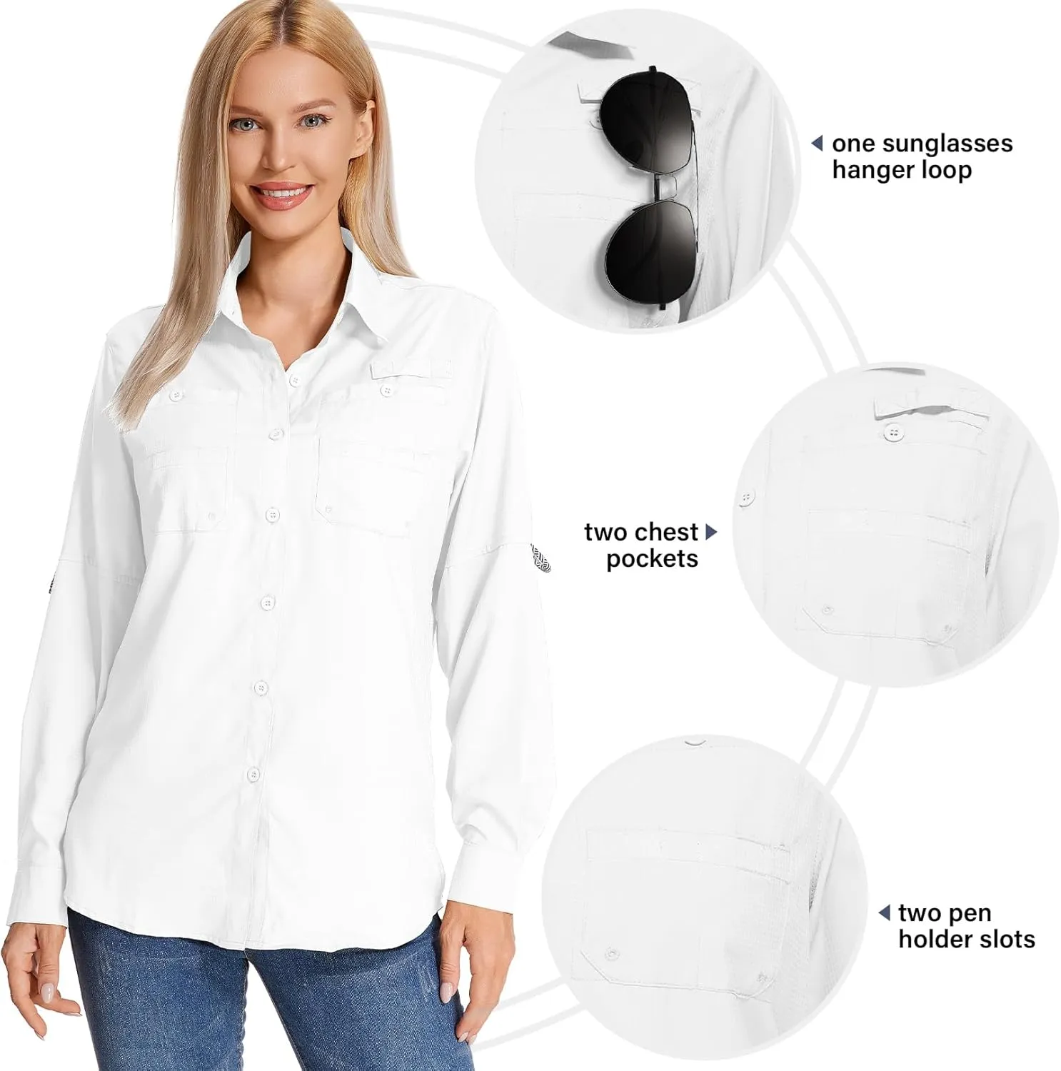 Womens Long Sleeve Sun Protection Hiking Fishing Shirts UPF 50  UV Lightweight Quick-Dry Safari Shirts Womens Outdoor