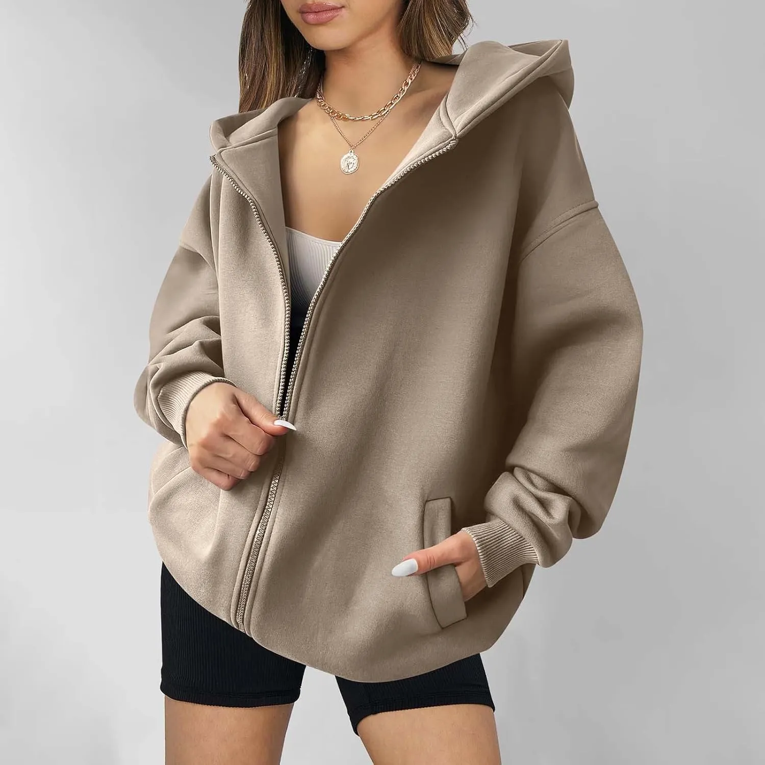 Women's Oversized Hooded Sweatshirt Full Zip Up Long Sleeve Jackets With Pockets Fall Outfits Y2K Teen Girls Clothes