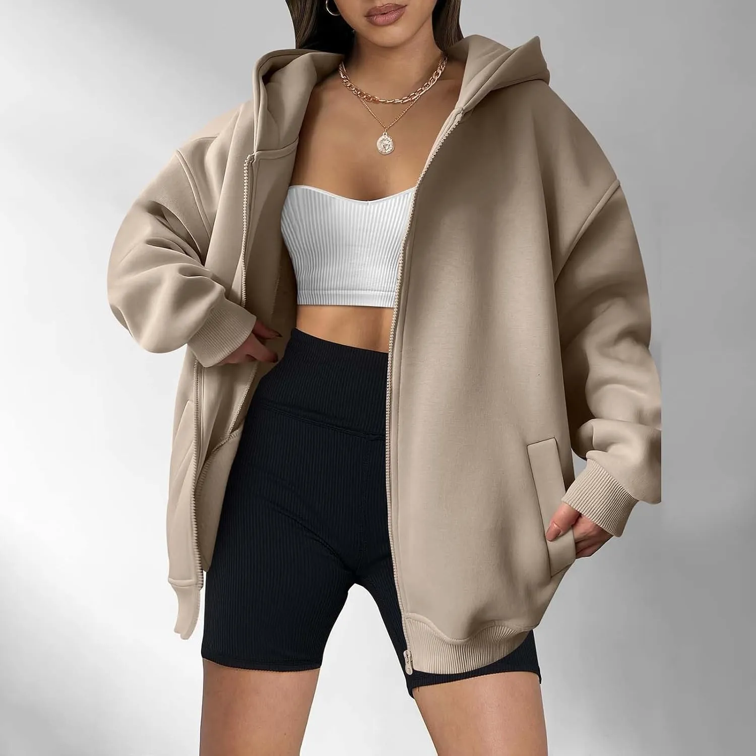 Women's Oversized Hooded Sweatshirt Full Zip Up Long Sleeve Jackets With Pockets Fall Outfits Y2K Teen Girls Clothes
