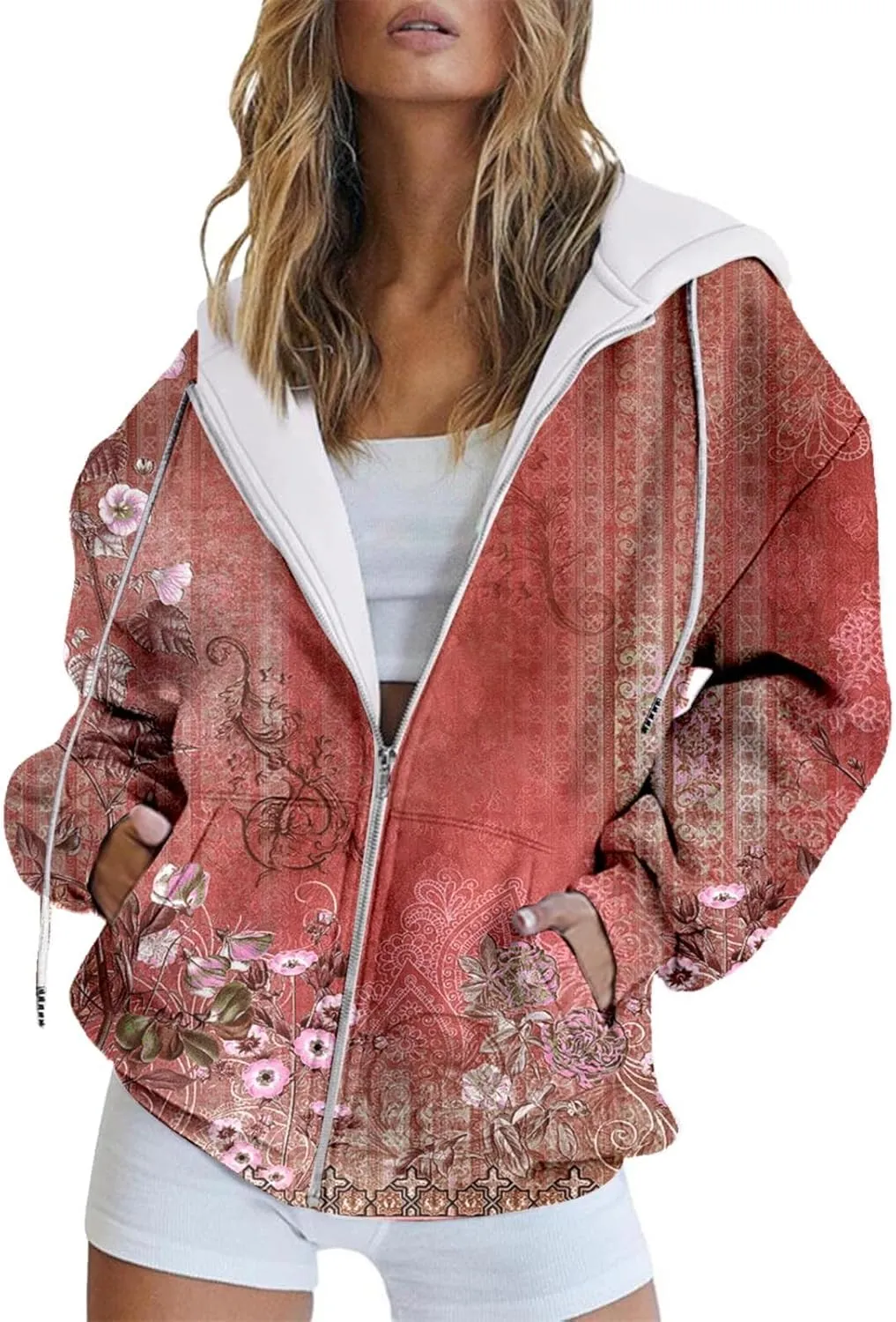 Women's Oversized Hoodies Full Zip Up Long Sleeve Sweatshirts Casual Cute Drawstring Jackets Coat with Pockets 2024