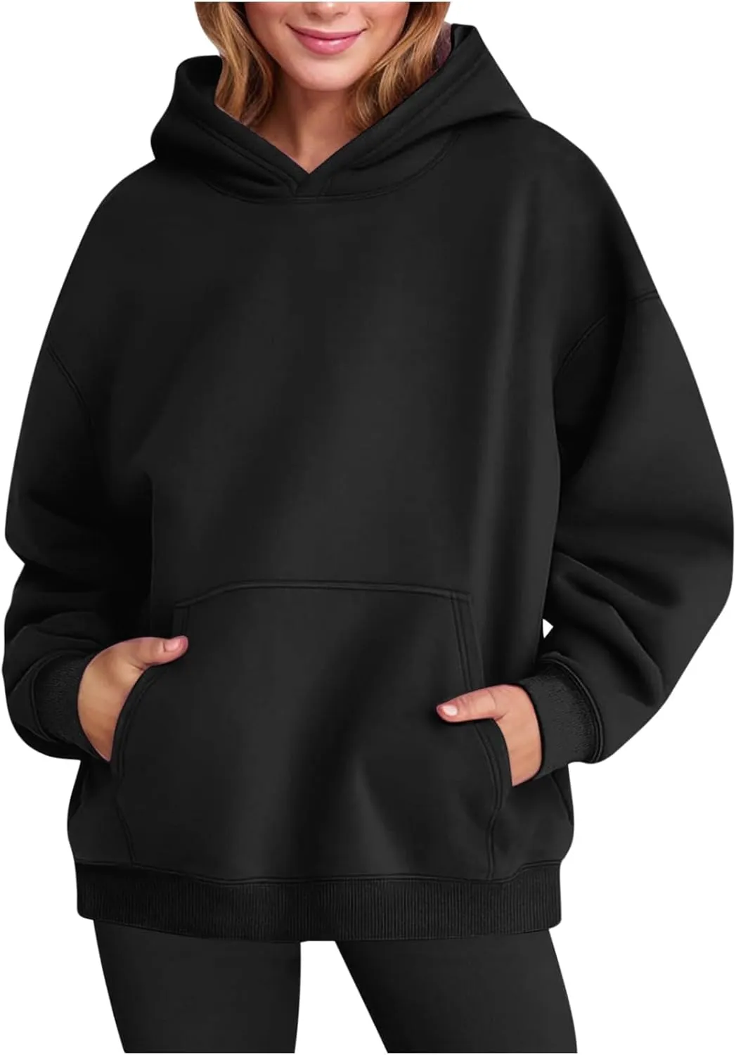 Women's Oversized Hoodies Long Sleeve Simple Solid Color Hooded Pullover Trendy Fleece Sweatshirts with Pocket