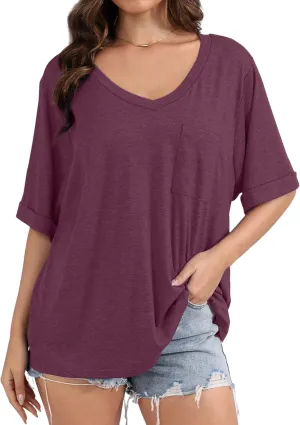 Womens Oversized T Shirts V Neck Rolled Sleeve Pocket Summer Tops Casual Loose Basic Tee Shirts 2024 Trendy