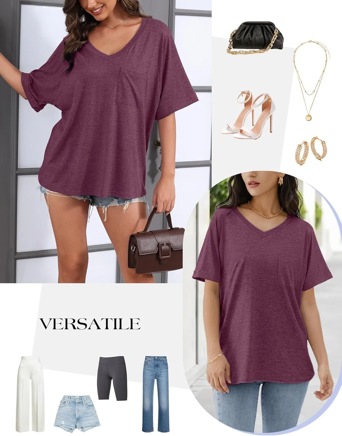 Womens Oversized T Shirts V Neck Rolled Sleeve Pocket Summer Tops Casual Loose Basic Tee Shirts 2024 Trendy