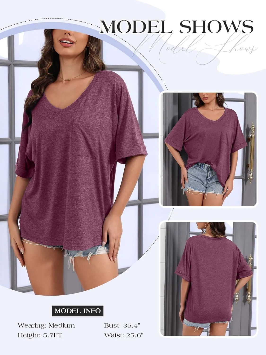 Womens Oversized T Shirts V Neck Rolled Sleeve Pocket Summer Tops Casual Loose Basic Tee Shirts 2024 Trendy