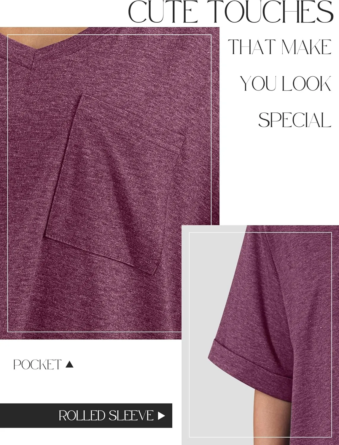 Womens Oversized T Shirts V Neck Rolled Sleeve Pocket Summer Tops Casual Loose Basic Tee Shirts 2024 Trendy