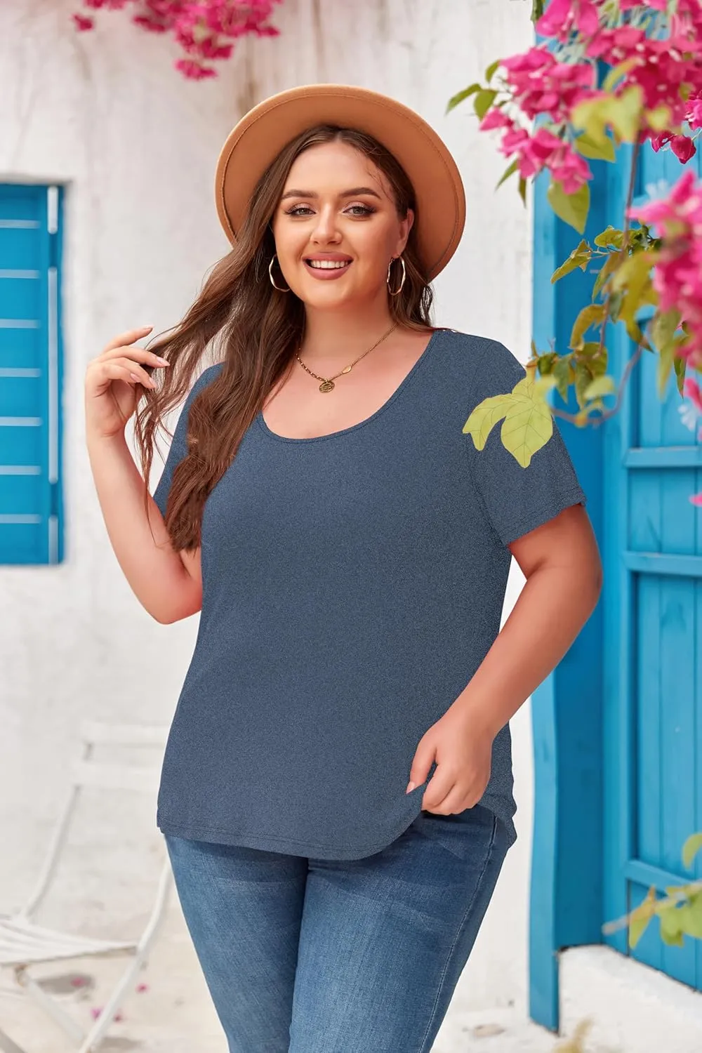 Women's Plus Size Scoop Neck Short Sleeve T Shirts Blouses Tops Basic Ladies Loose Fit T Shirt
