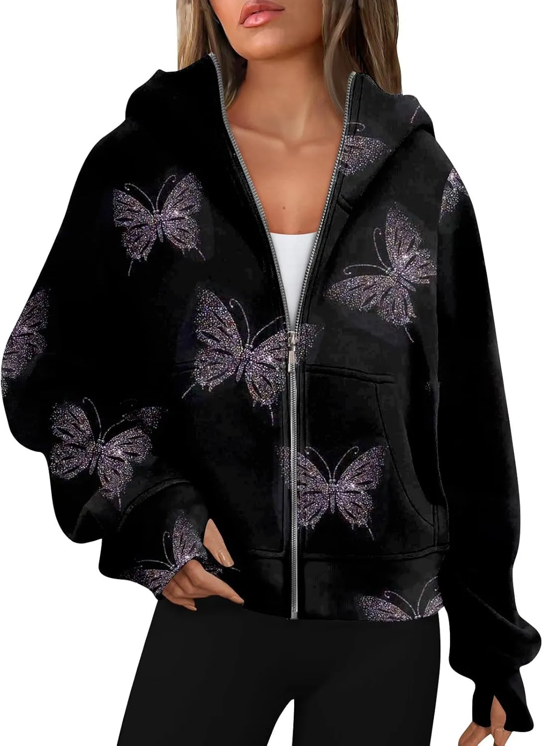 Womens Plus Size Sweatshirt Full Zipper Long Sleeve Coats Thumb Hole Zip Up Hoodie Solid Color Pullover with Pockets