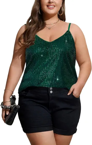 Womens Plus Size Tank Tops Spaghetti Strap Sequin Camisoles Tops Party Club Vest Shirt XL-4XL