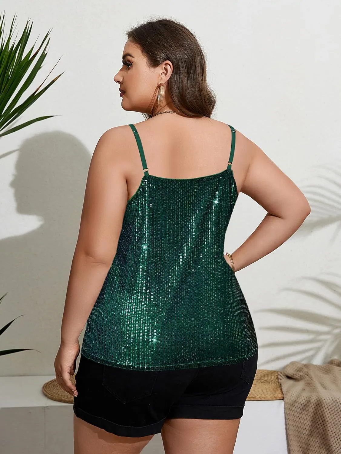 Womens Plus Size Tank Tops Spaghetti Strap Sequin Camisoles Tops Party Club Vest Shirt XL-4XL