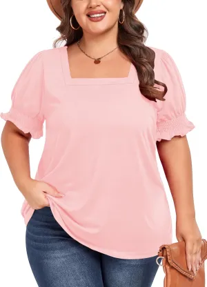 Women's Plus Size Tops Square Neck Blouses Short Sleeve T Shirts Casual Ruffle Trim Sleeve Tunic Tops