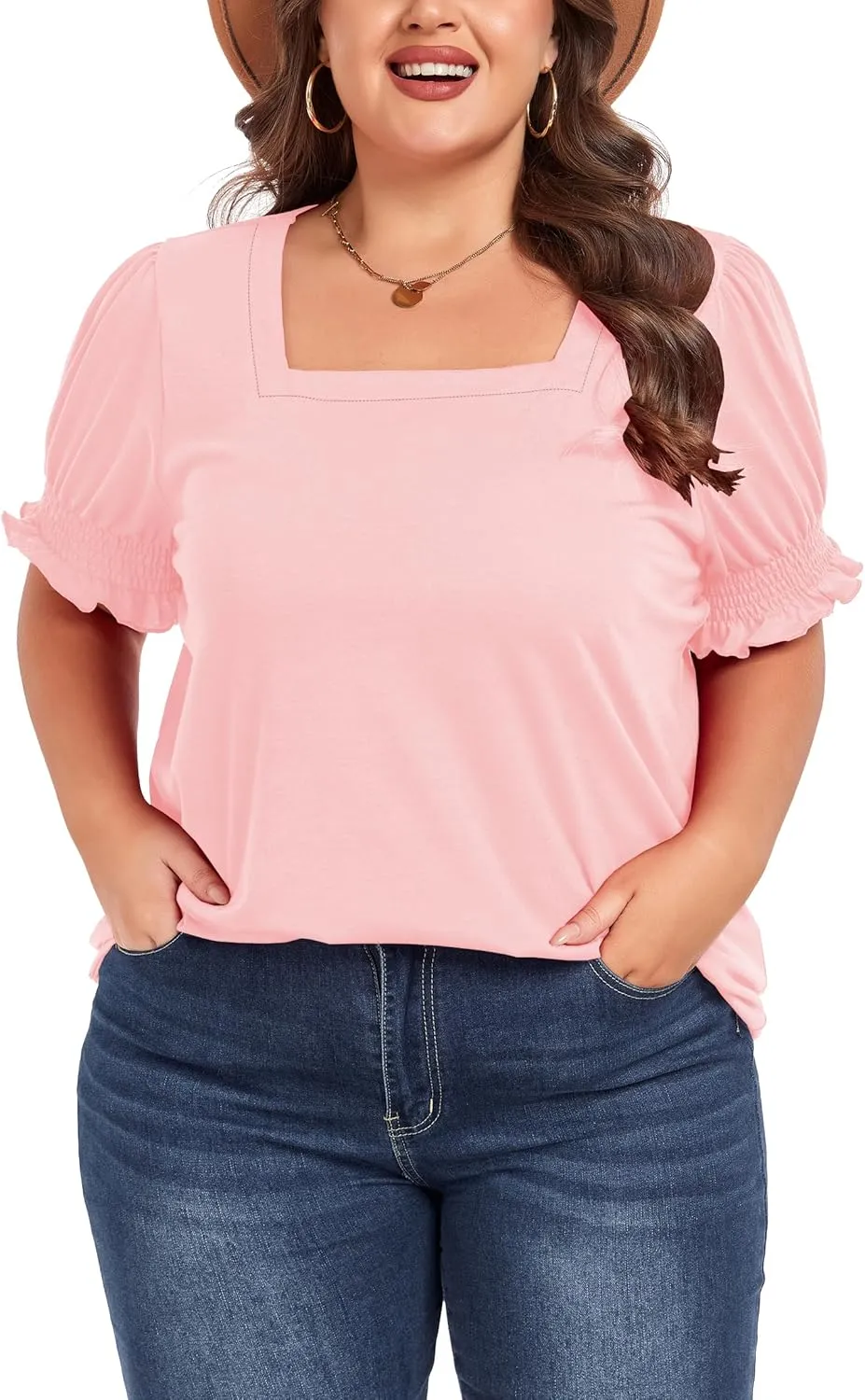 Women's Plus Size Tops Square Neck Blouses Short Sleeve T Shirts Casual Ruffle Trim Sleeve Tunic Tops