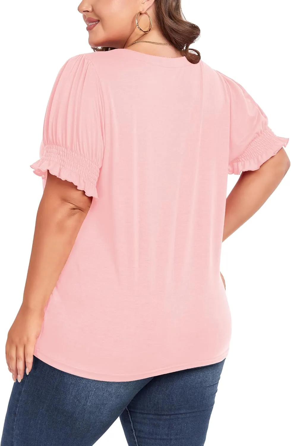 Women's Plus Size Tops Square Neck Blouses Short Sleeve T Shirts Casual Ruffle Trim Sleeve Tunic Tops