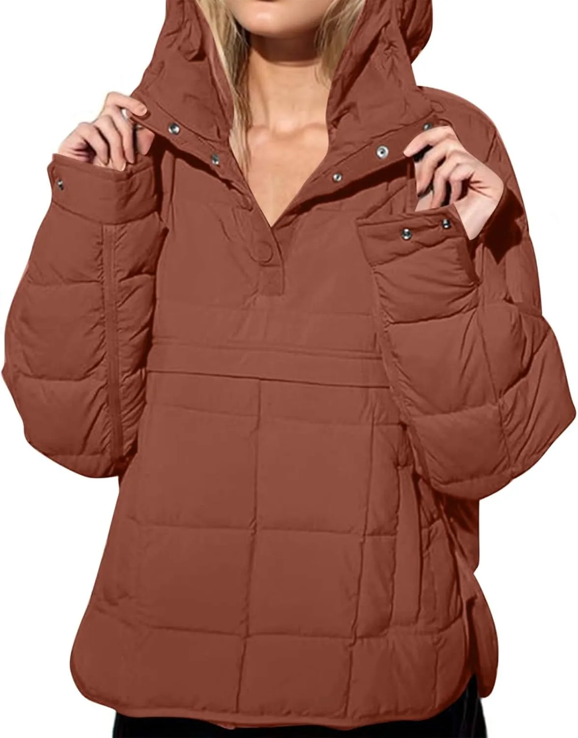 Women's Quilted Warm Puffer Jacket Winter Packable Pullover Down Coat Oversized Hoodie Lightweight Long Sleeve Outwear