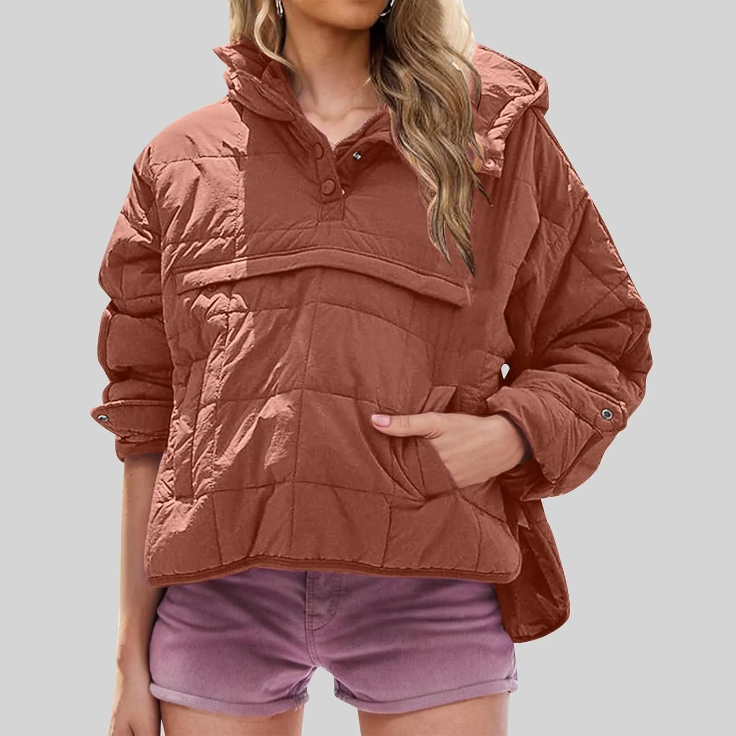 Women's Quilted Warm Puffer Jacket Winter Packable Pullover Down Coat Oversized Hoodie Lightweight Long Sleeve Outwear