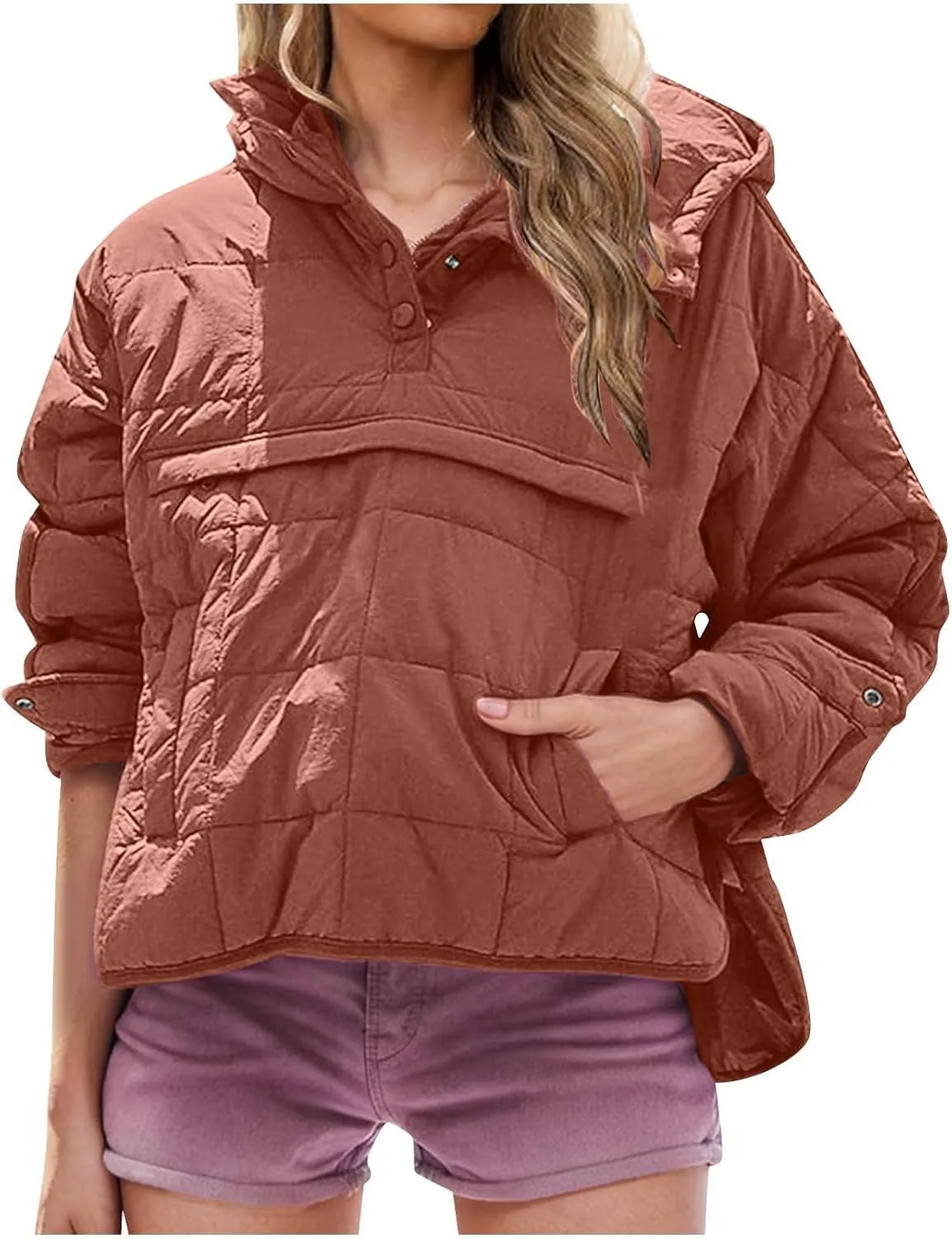 Women's Quilted Warm Puffer Jacket Winter Packable Pullover Down Coat Oversized Hoodie Lightweight Long Sleeve Outwear