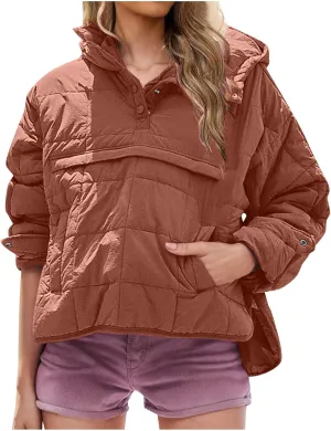Women's Quilted Warm Puffer Jacket Winter Packable Pullover Down Coat Oversized Hoodie Lightweight Long Sleeve Outwear