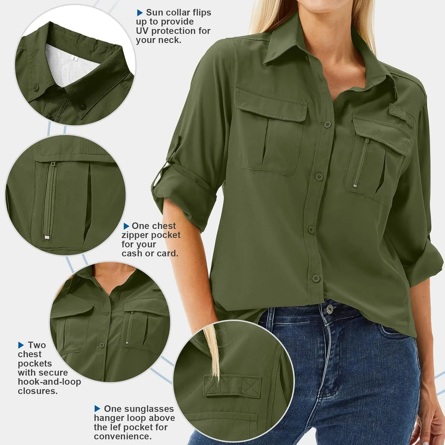 Women's Safari Shirts Long Sleeve Hiking Fishing UV Sun Protection UPF 50 ,Quick Dry SPF Breathable Shirts