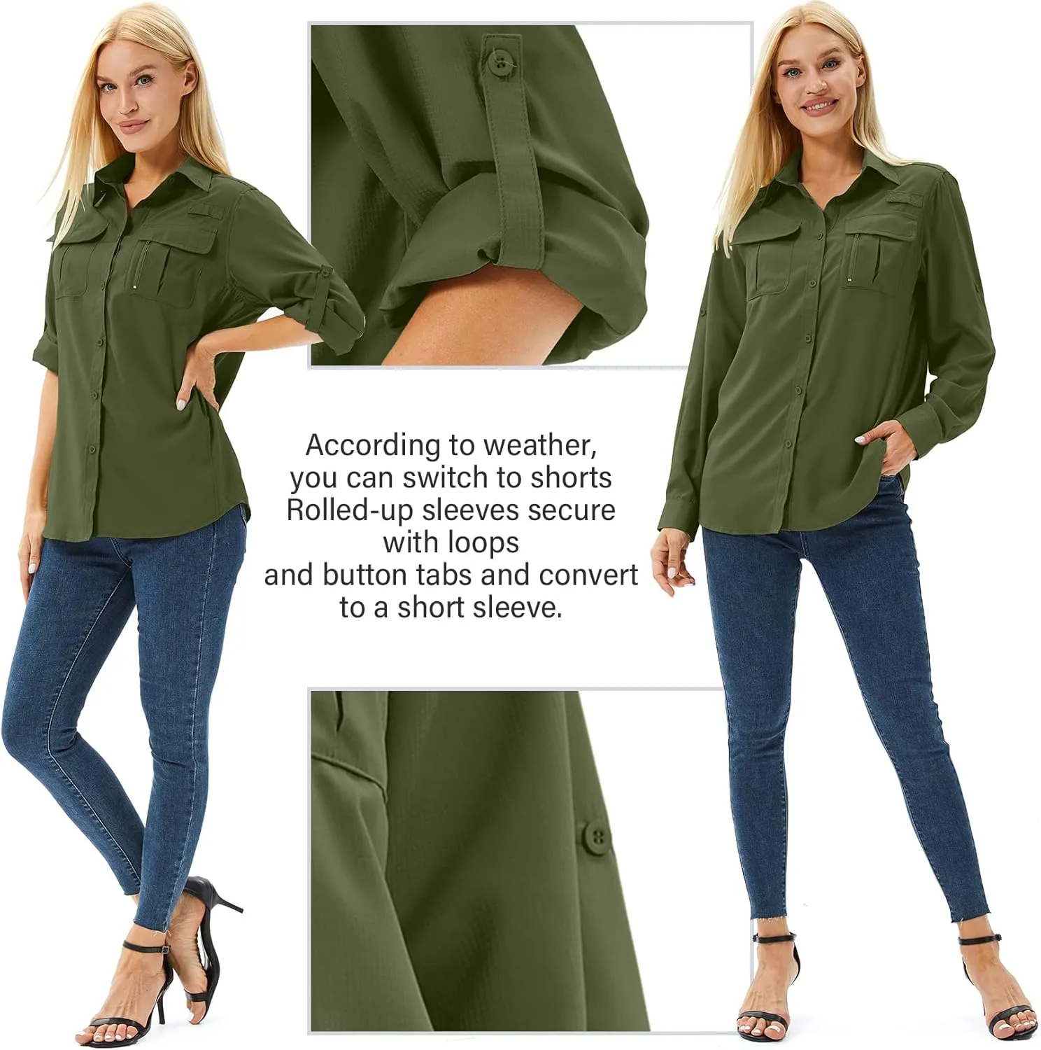 Women's Safari Shirts Long Sleeve Hiking Fishing UV Sun Protection UPF 50 ,Quick Dry SPF Breathable Shirts