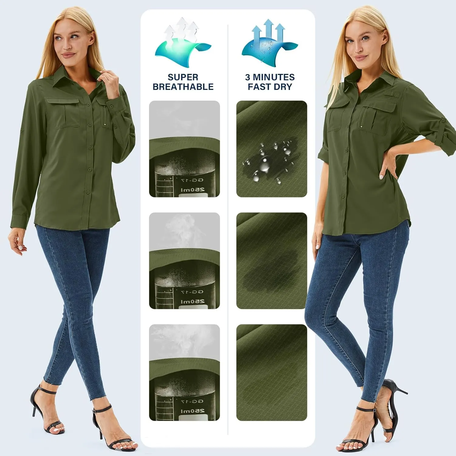 Women's Safari Shirts Long Sleeve Hiking Fishing UV Sun Protection UPF 50 ,Quick Dry SPF Breathable Shirts