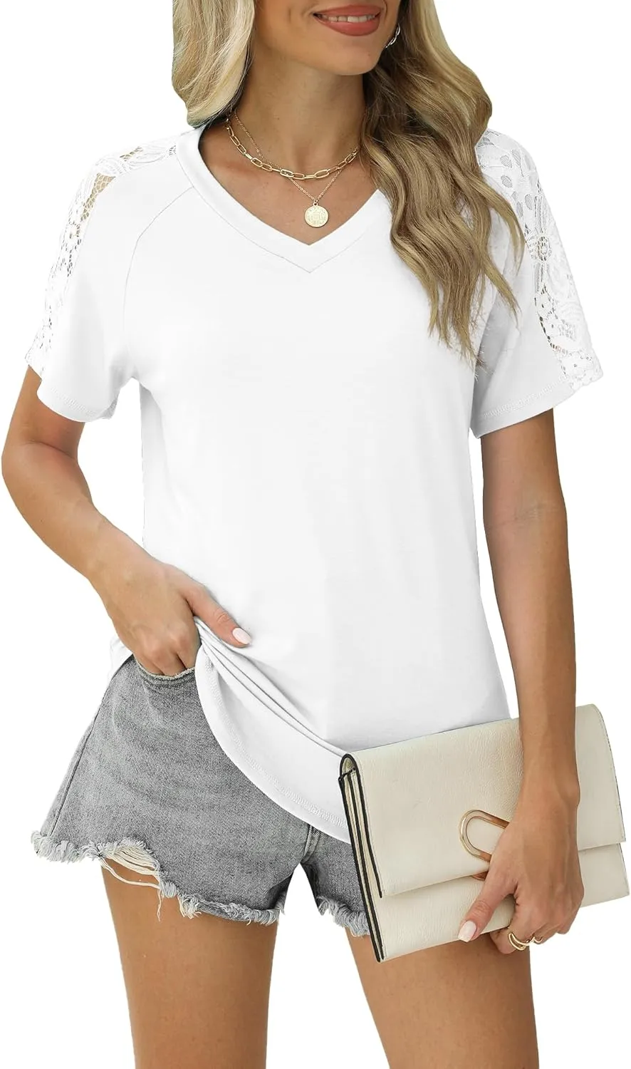 Womens Shirts Spring Summer Plus Size Blouses for Women Tops V Neck Lace Short Sleeve Tees