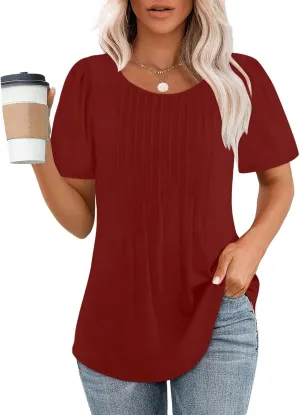Womens Short Sleeve Crew Neck Pleated Shirts Summer Casual Trendy Vintage T-Shirts Lightweight Going Out Blouses