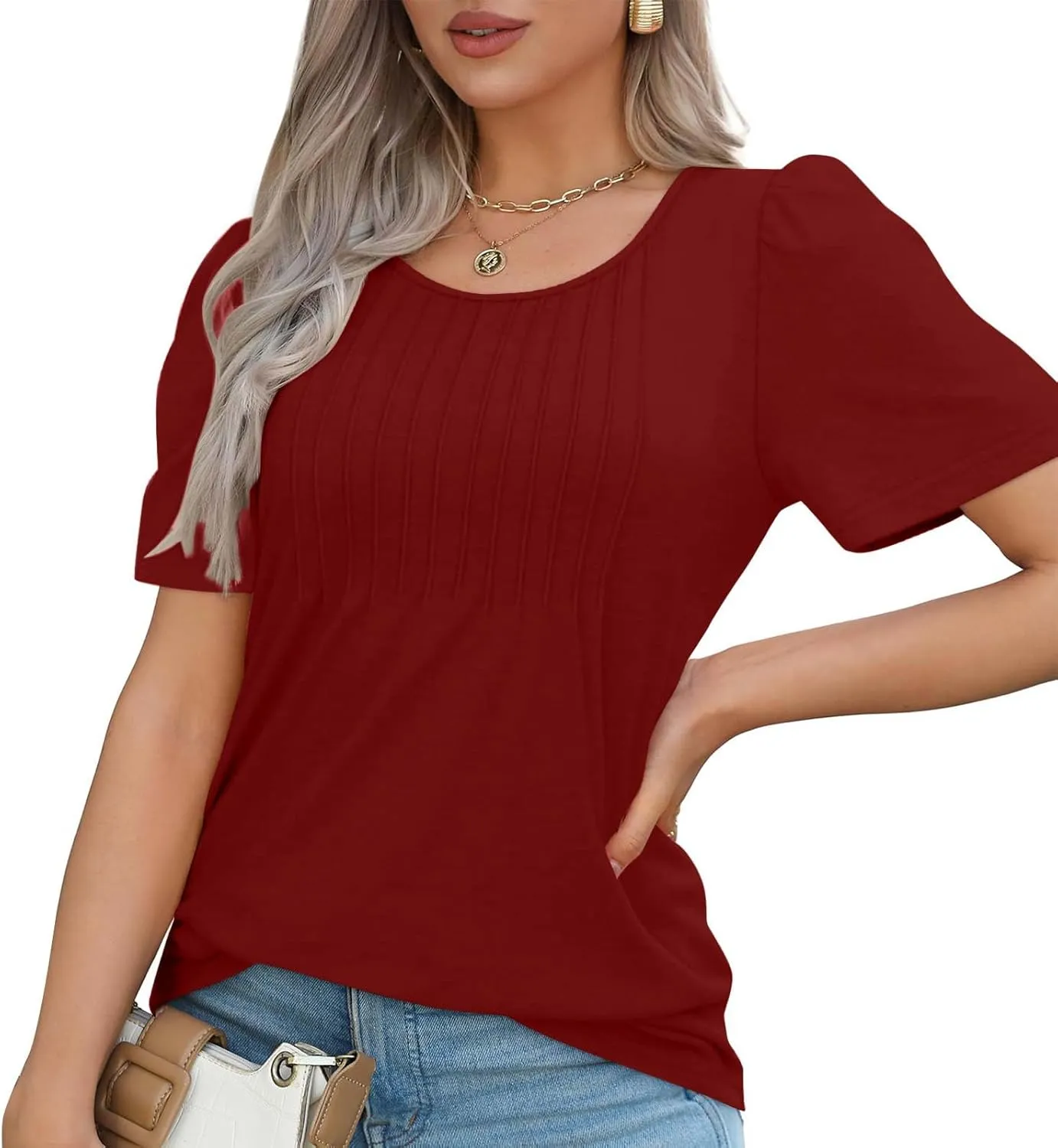 Womens Short Sleeve Crew Neck Pleated Shirts Summer Casual Trendy Vintage T-Shirts Lightweight Going Out Blouses