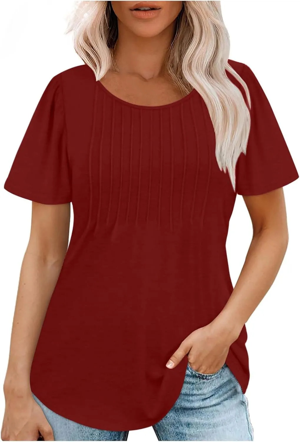 Womens Short Sleeve Crew Neck Pleated Shirts Summer Casual Trendy Vintage T-Shirts Lightweight Going Out Blouses