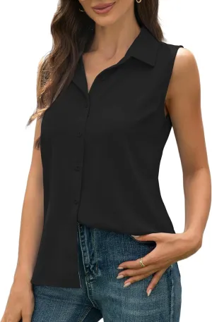 Womens Sleeveless Button Down Shirts Casual Collared Tank Top V Neck Summer Blouses Work Office Chiffon Tops