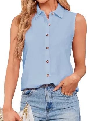 Womens Sleeveless Button Down Shirts Cotton Linen Blouses Solid Color V Neck Casual Work Tank Tops