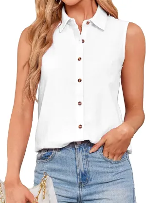 Womens Sleeveless Button Down Shirts Cotton Linen Blouses Solid Color V Neck Casual Work Tank Tops