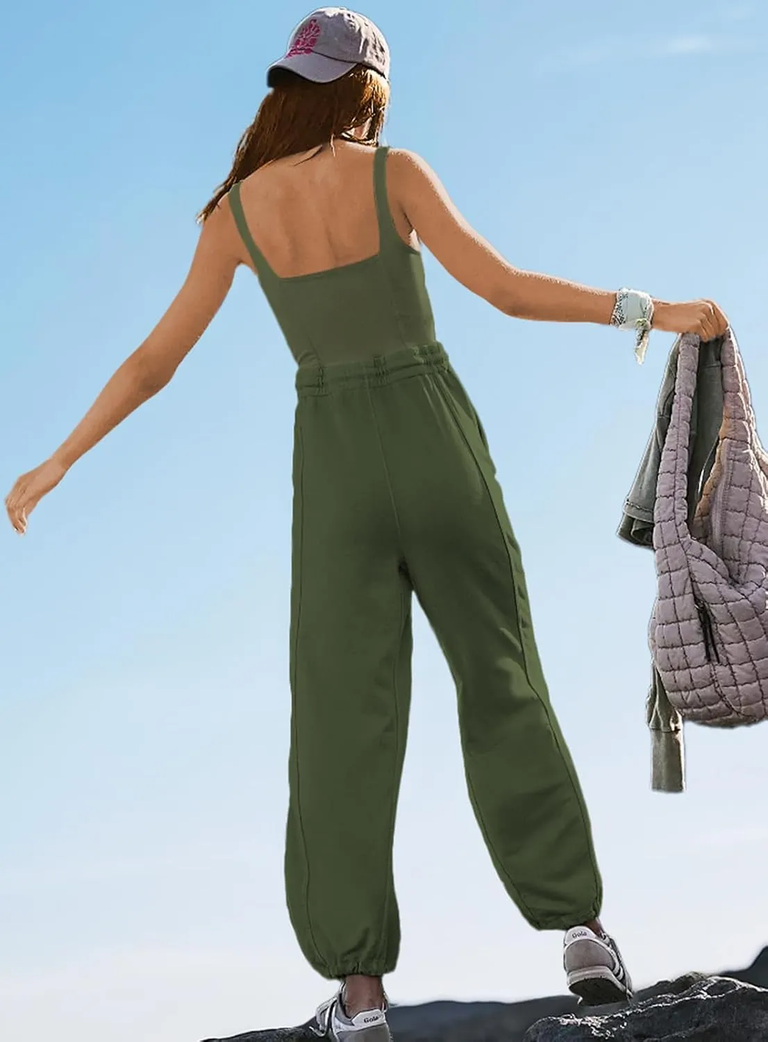 Women's Sleeveless Summer Jumpsuit Square Neck Drawstring Waist Long Romper Jumpers 2025 with Pockets