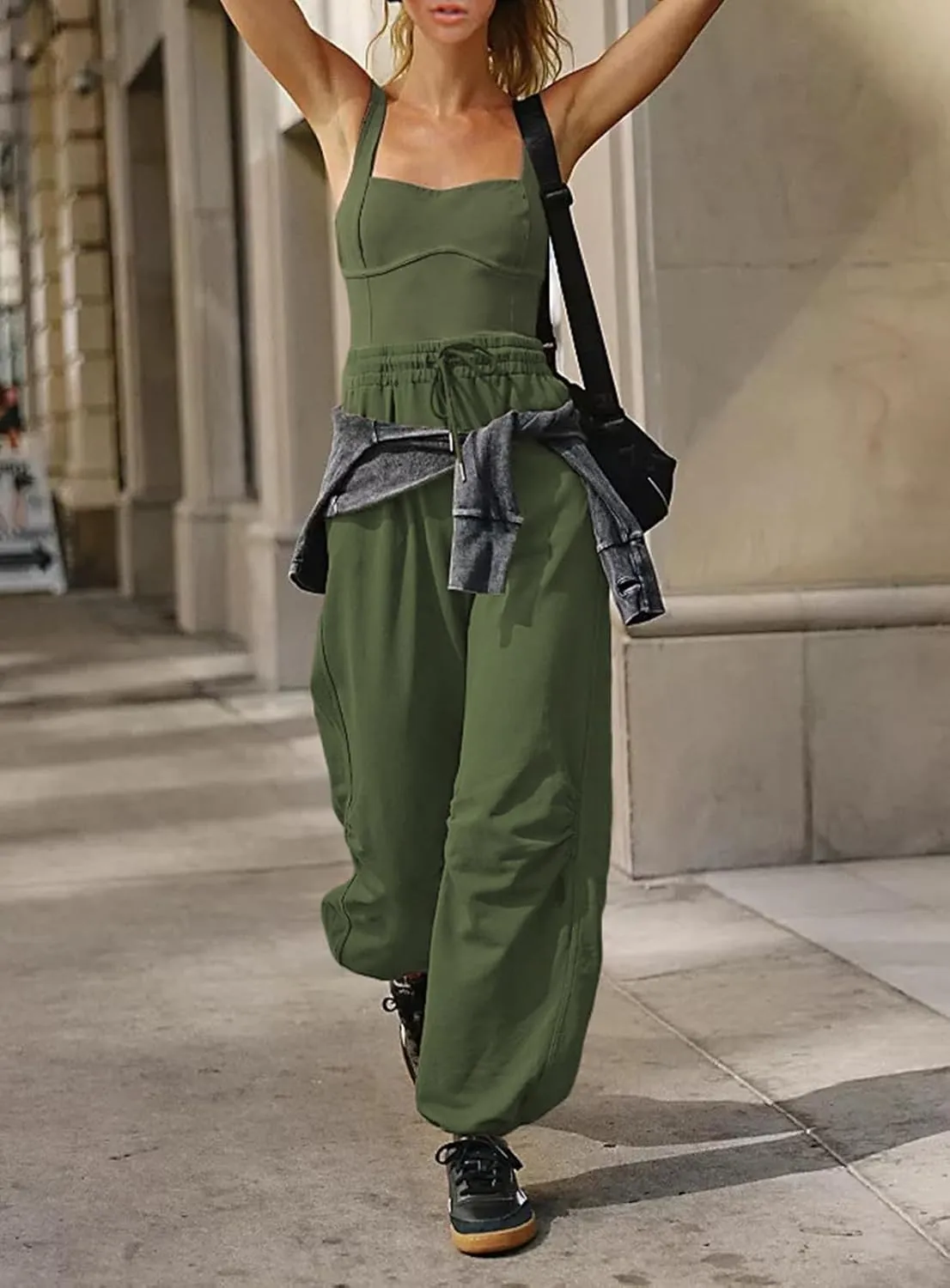 Women's Sleeveless Summer Jumpsuit Square Neck Drawstring Waist Long Romper Jumpers 2025 with Pockets