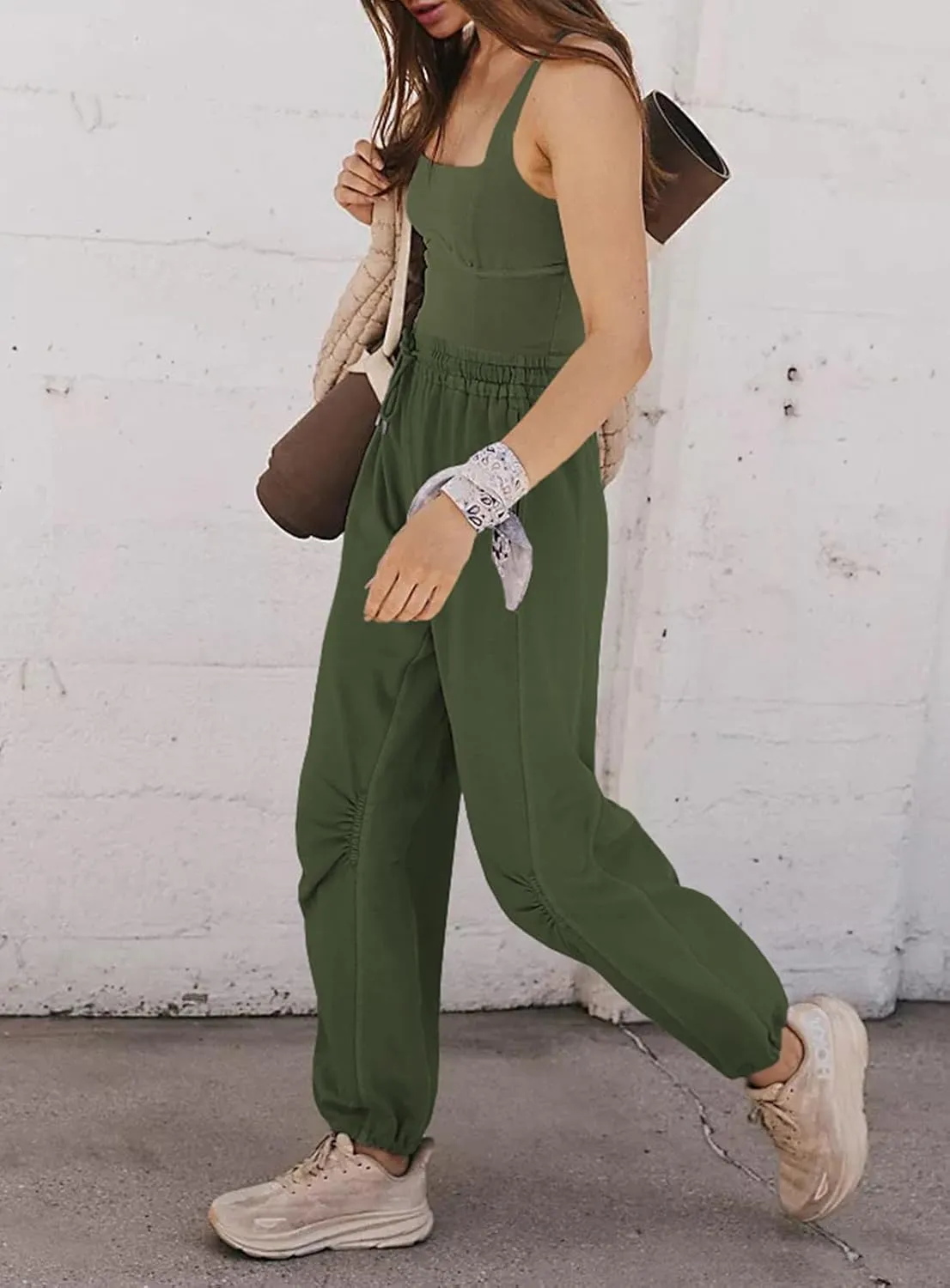 Women's Sleeveless Summer Jumpsuit Square Neck Drawstring Waist Long Romper Jumpers 2025 with Pockets