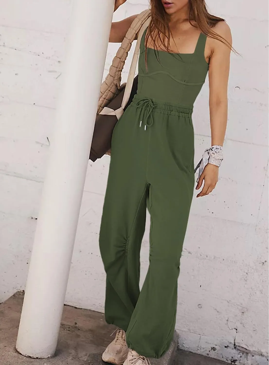 Women's Sleeveless Summer Jumpsuit Square Neck Drawstring Waist Long Romper Jumpers 2025 with Pockets