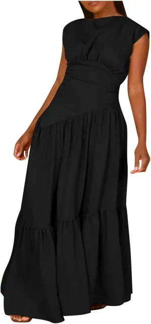 Womens Solid Round Neck Long Sleeved Patchwork Long Skirt is Fashionable and Womens Dresses with Short Sleeves