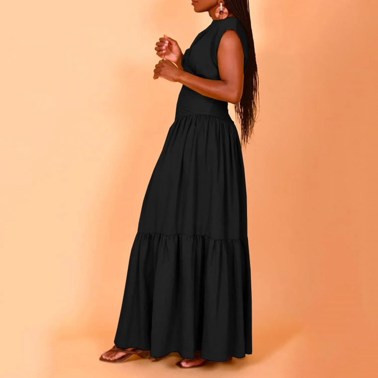 Womens Solid Round Neck Long Sleeved Patchwork Long Skirt is Fashionable and Womens Dresses with Short Sleeves