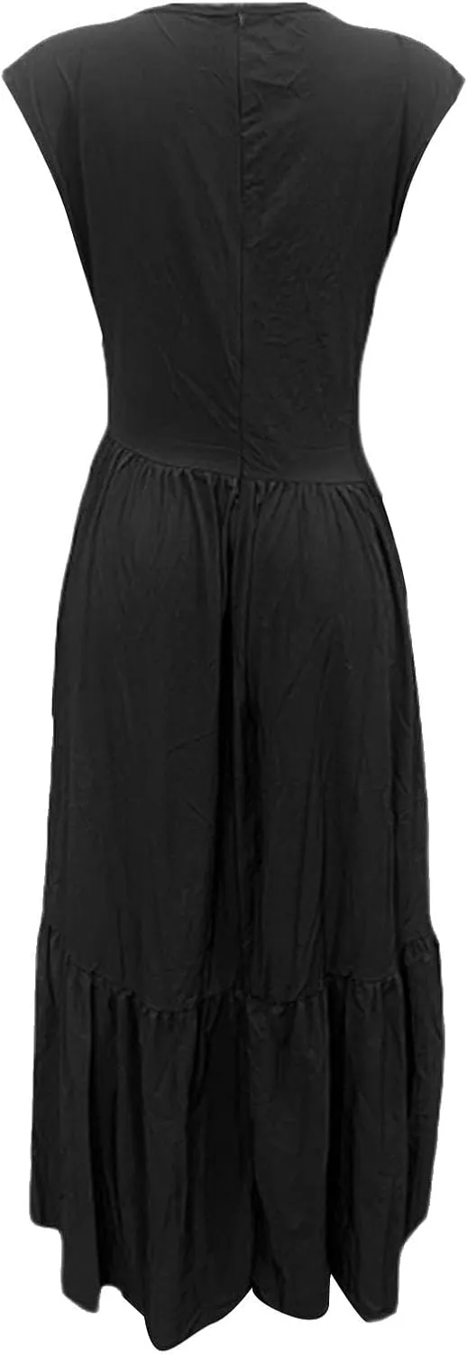 Womens Solid Round Neck Long Sleeved Patchwork Long Skirt is Fashionable and Womens Dresses with Short Sleeves