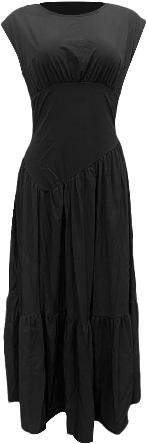 Womens Solid Round Neck Long Sleeved Patchwork Long Skirt is Fashionable and Womens Dresses with Short Sleeves