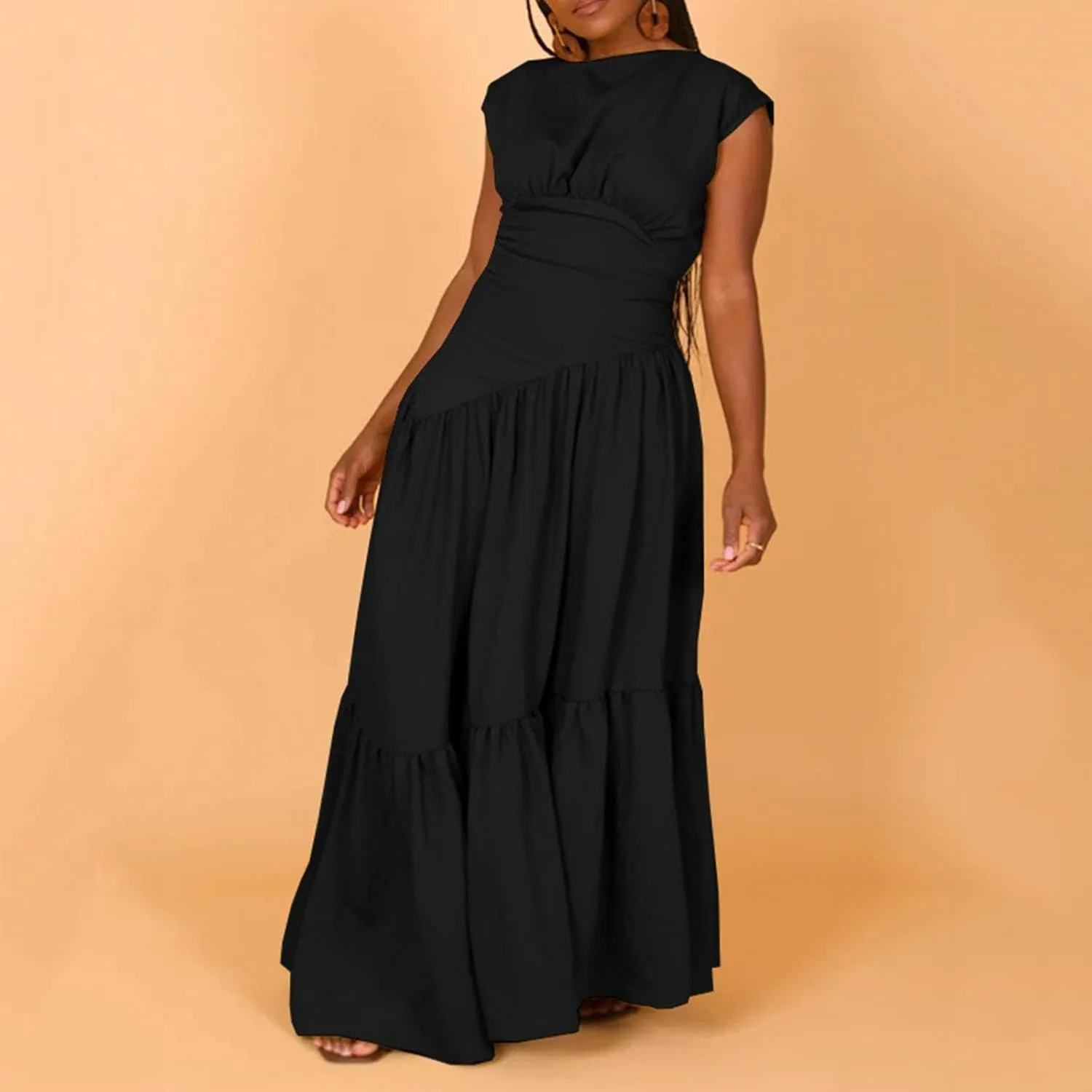 Womens Solid Round Neck Long Sleeved Patchwork Long Skirt is Fashionable and Womens Dresses with Short Sleeves