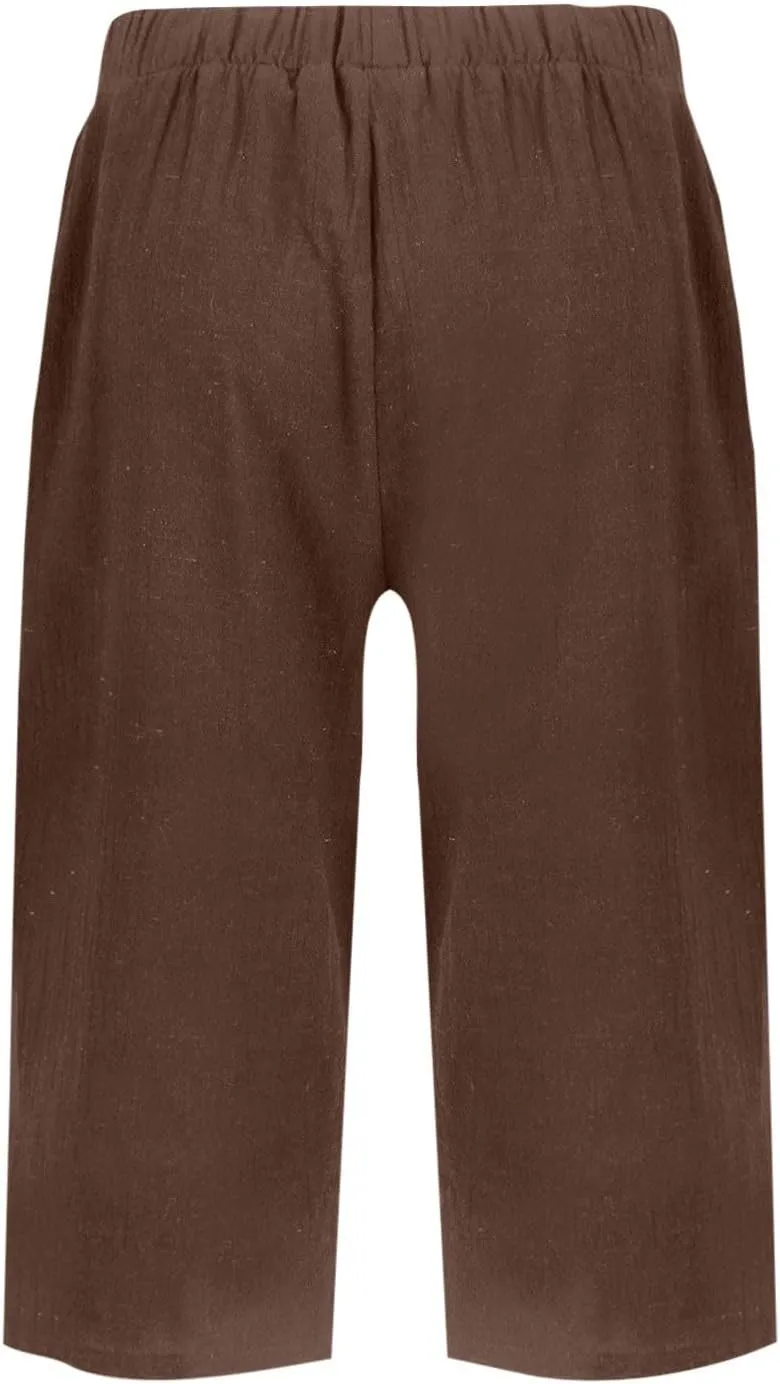 Womens Summer Cotton Linen Pants Casual Knee Length Capri Trousers Loose Beach Bermuda Shorts with Pockets