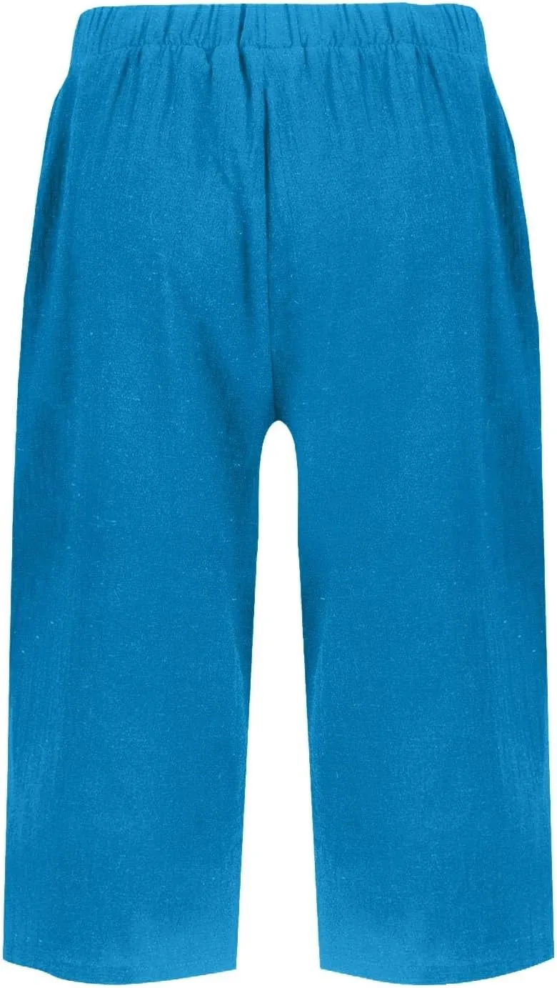 Womens Summer Cotton Linen Pants Casual Knee Length Capri Trousers Loose Beach Bermuda Shorts with Pockets