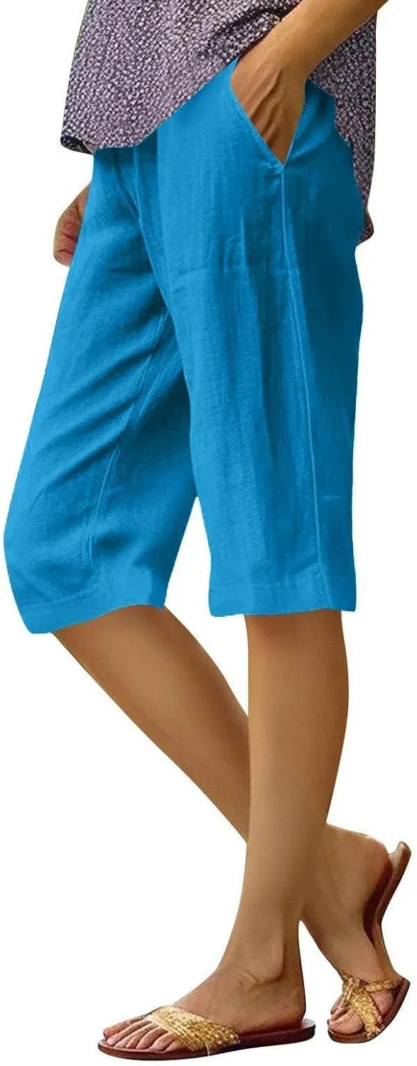 Womens Summer Cotton Linen Pants Casual Knee Length Capri Trousers Loose Beach Bermuda Shorts with Pockets