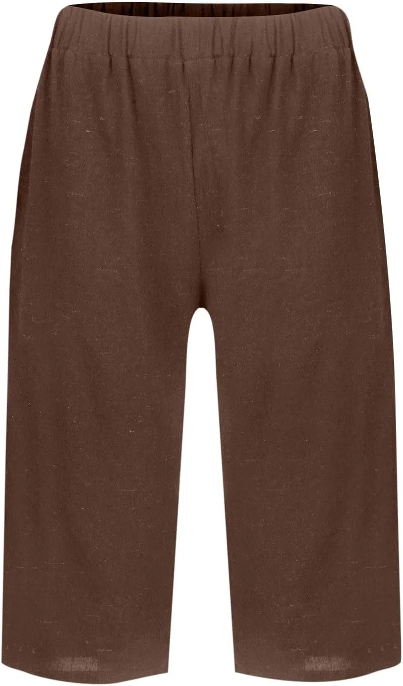 Womens Summer Cotton Linen Pants Casual Knee Length Capri Trousers Loose Beach Bermuda Shorts with Pockets