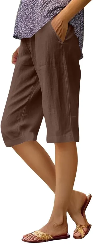 Womens Summer Cotton Linen Pants Casual Knee Length Capri Trousers Loose Beach Bermuda Shorts with Pockets