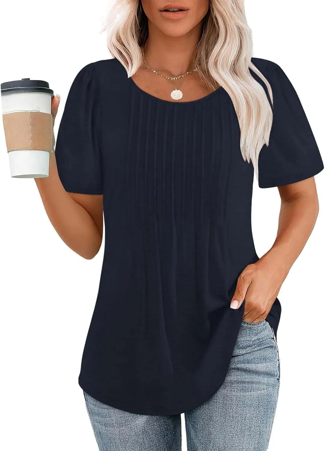 Womens Summer Short Sleeve Tops Pleated Crew Neck Shirts Casual Trendy Loose Fit T-Shirts Stretchy Vintage Blouses