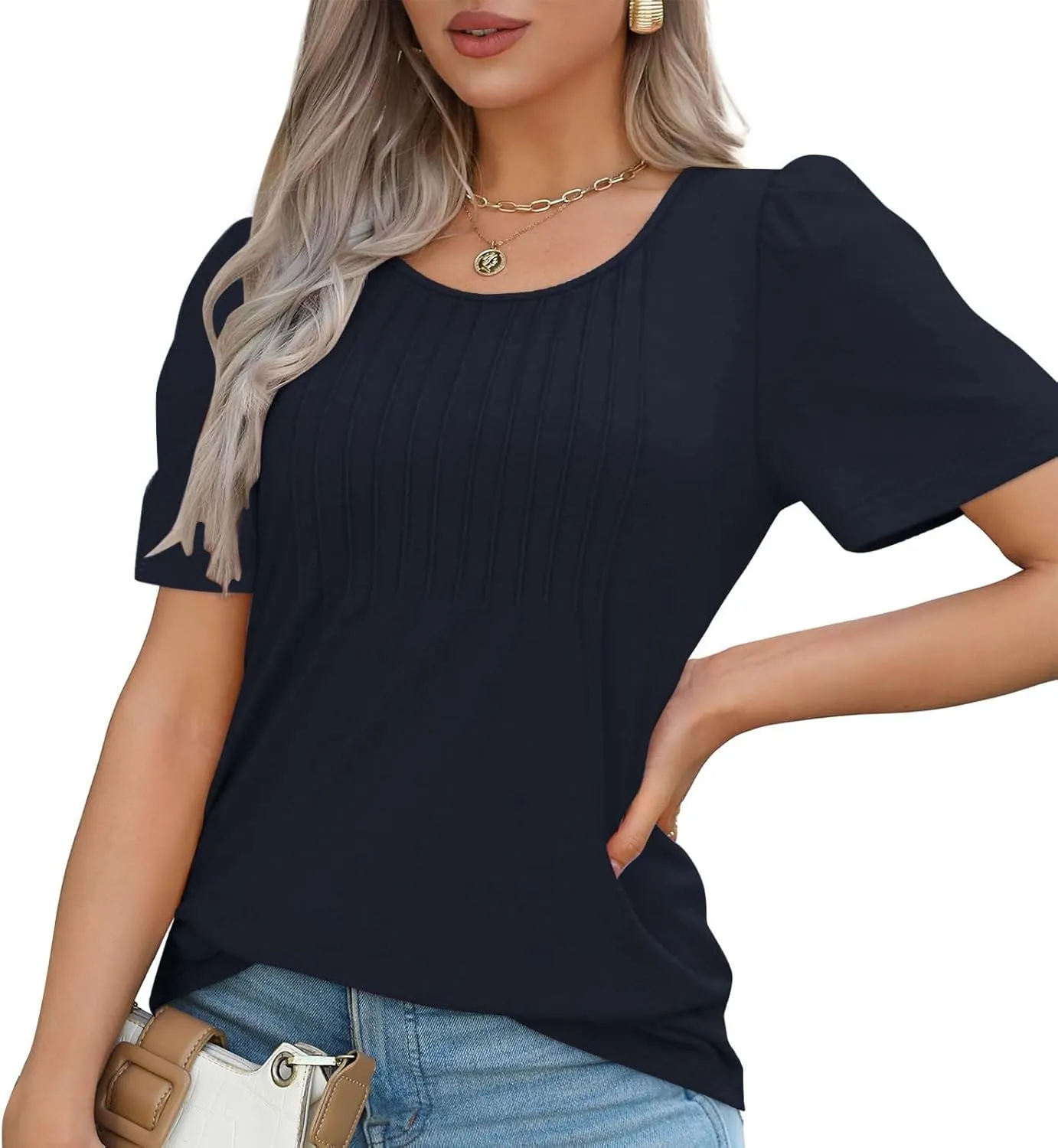 Womens Summer Short Sleeve Tops Pleated Crew Neck Shirts Casual Trendy Loose Fit T-Shirts Stretchy Vintage Blouses
