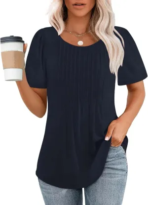 Womens Summer Short Sleeve Tops Pleated Crew Neck Shirts Casual Trendy Loose Fit T-Shirts Stretchy Vintage Blouses