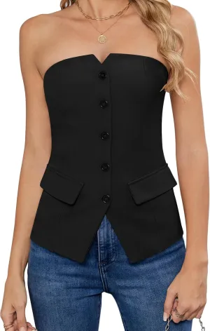 Women's Summer Strapless Vest Tops Notched Neck Tube Tops Button Fitted Sleeveless Work Business Blazer Vest
